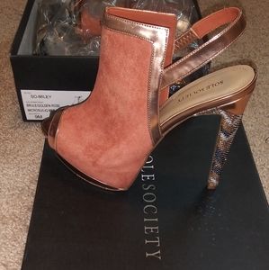 Rose gold faux suede sling platforms